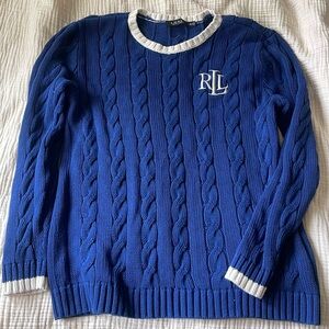 LAUREN Ralph Lauren Navy Cable Knit Sweater Cream Contrast Trim & RLL Embroidery